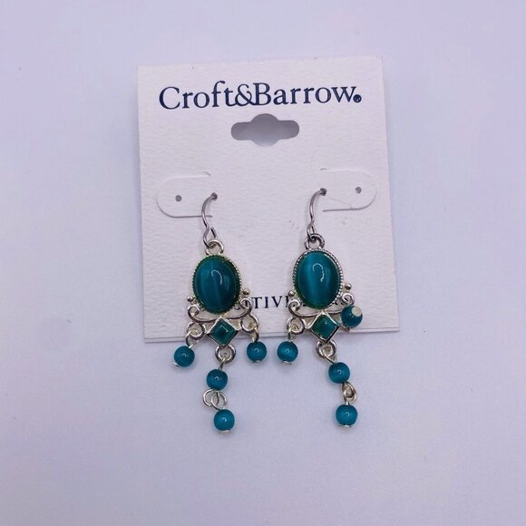 Croft & Barrow Green Silvertone Dangle Hook Earrings New - Picture 1 of 3